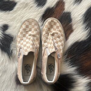 Vans Beige and White Checkered Slip-Ons